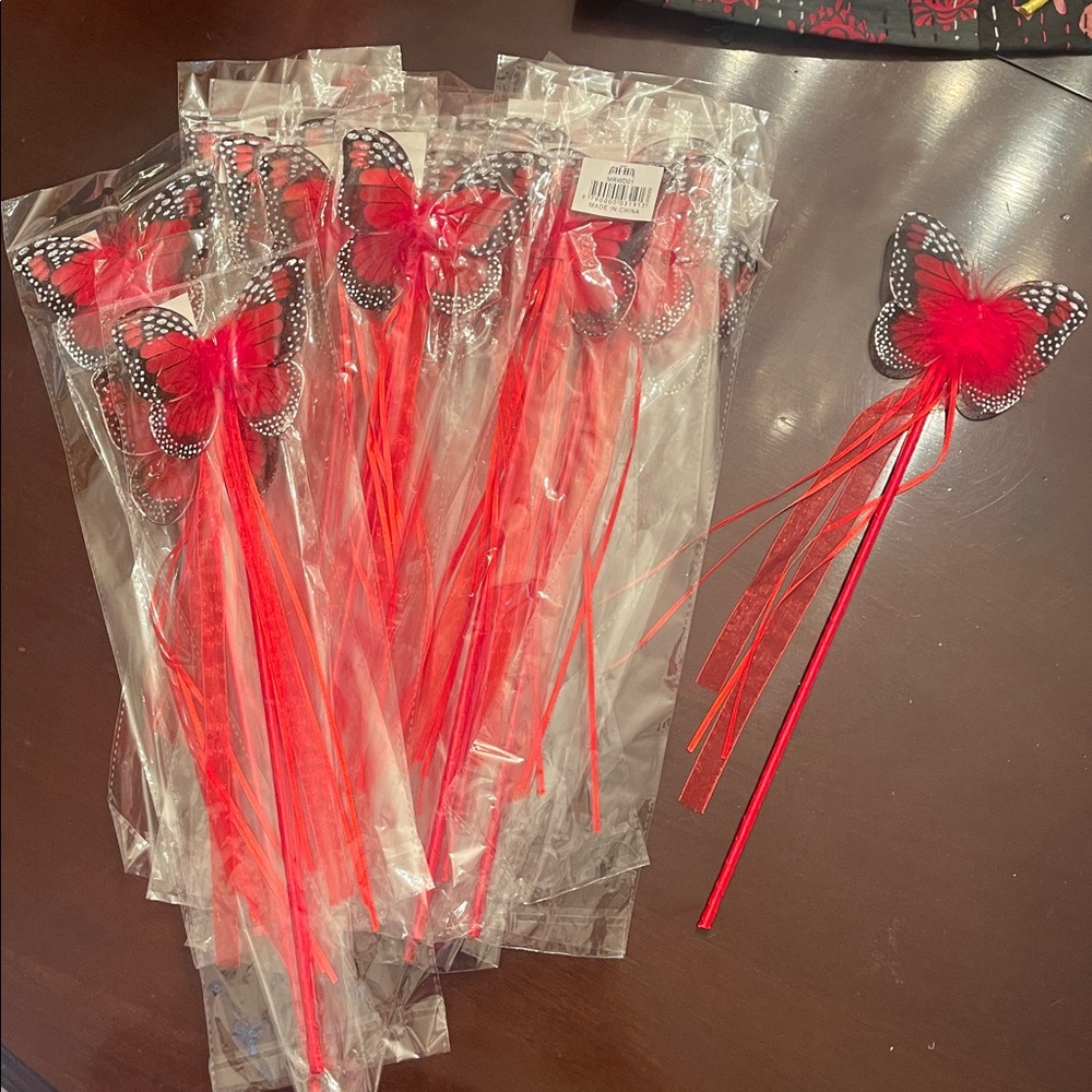 Red butterfly Fairy Wand Party Favors with Maribou and ribbons set of 20